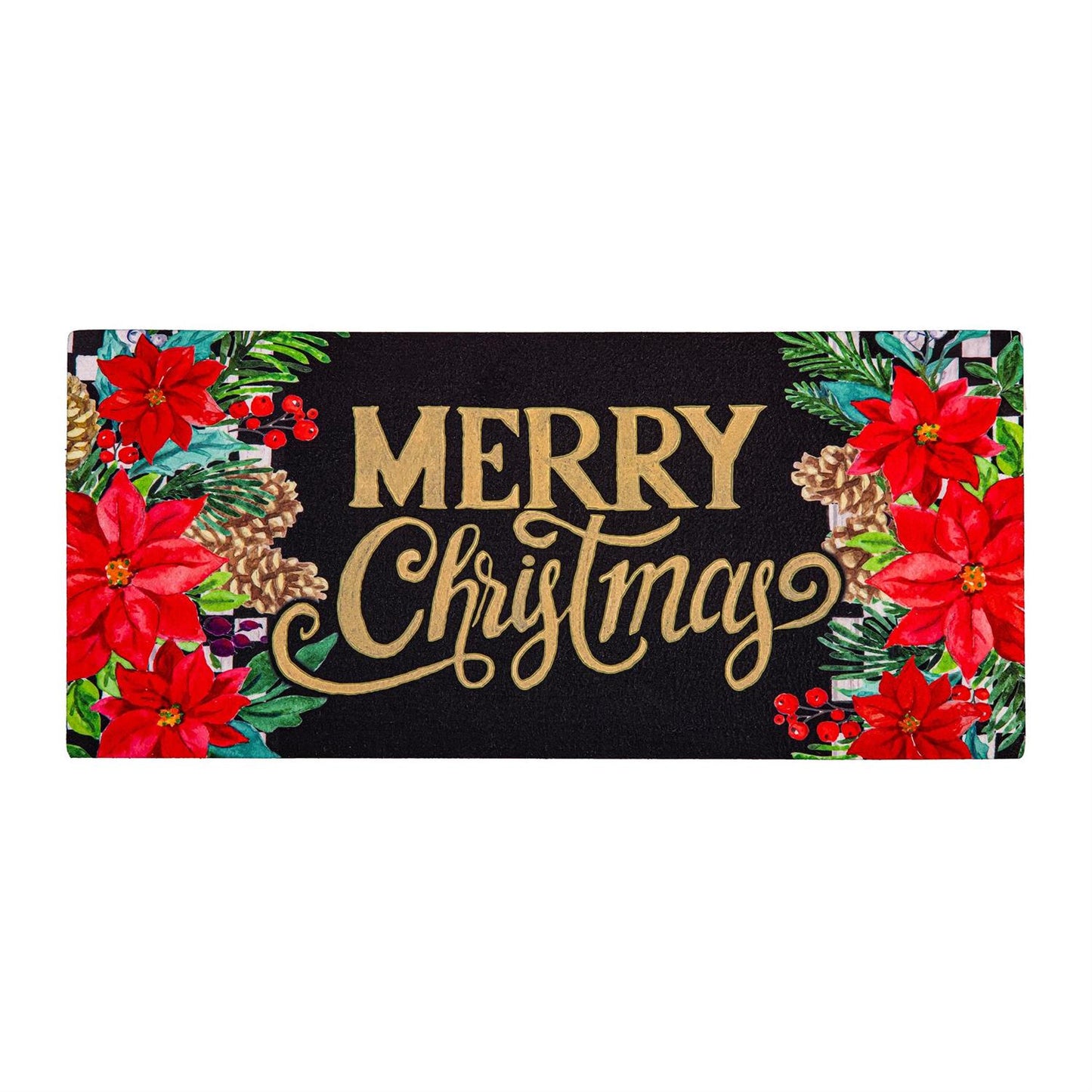 Decorative Christmas door mat with 'Merry Christmas' text and poinsettias on a black background