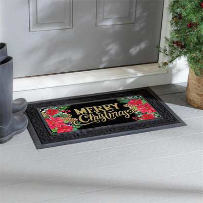 Christmas doormat with 'Merry Christmas' text and poinsettias on a white floor.