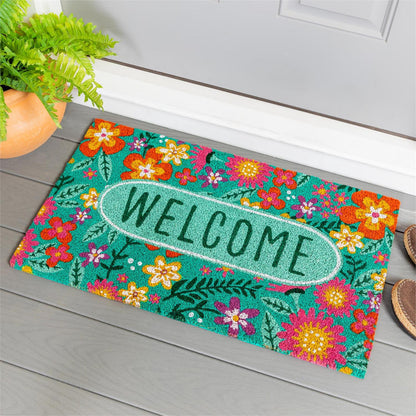Floral welcome mat with colorful flowers and 'WELCOME' text on a wooden floor.