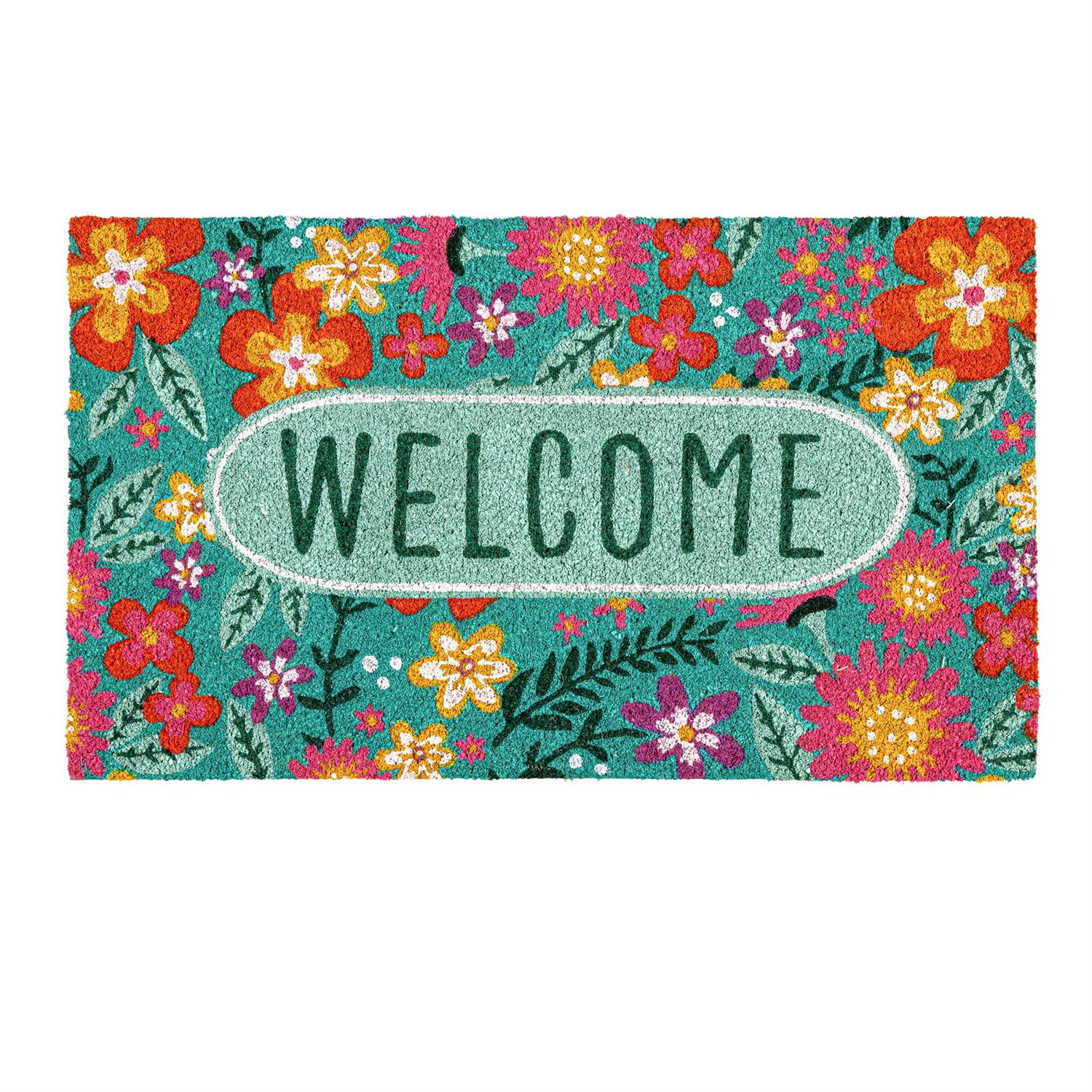 Floral welcome mat with colorful flowers and the word 'WELCOME' in the center.