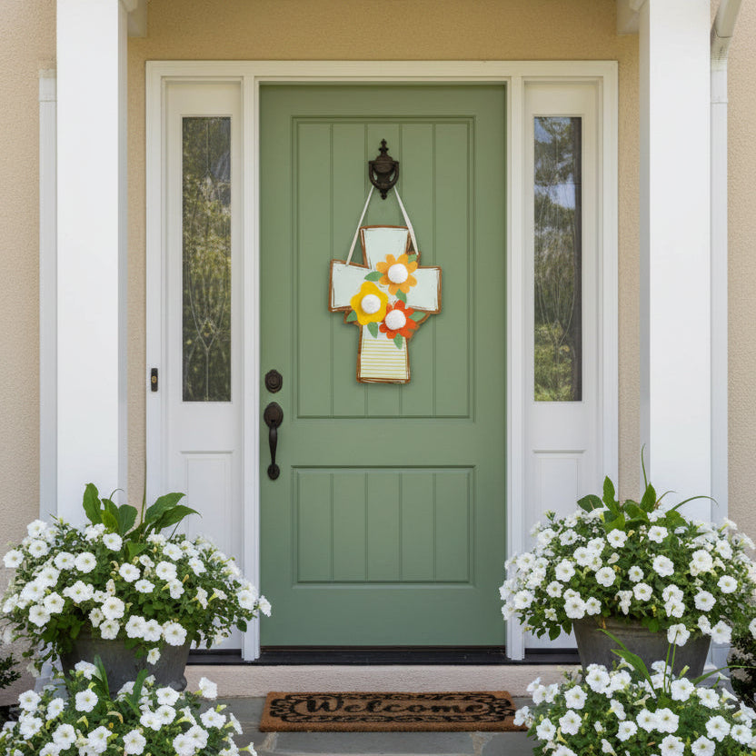 Decorative cross with flowers on a green front door