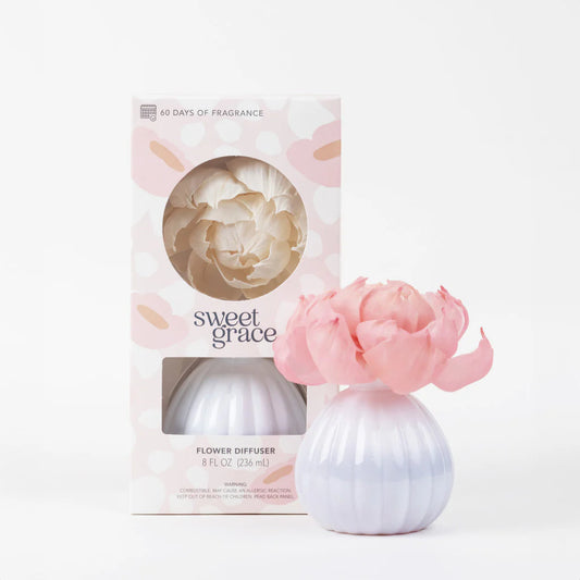 A Sweet Grace Flower Diffuser with it's box showing the flower as pink from the oil