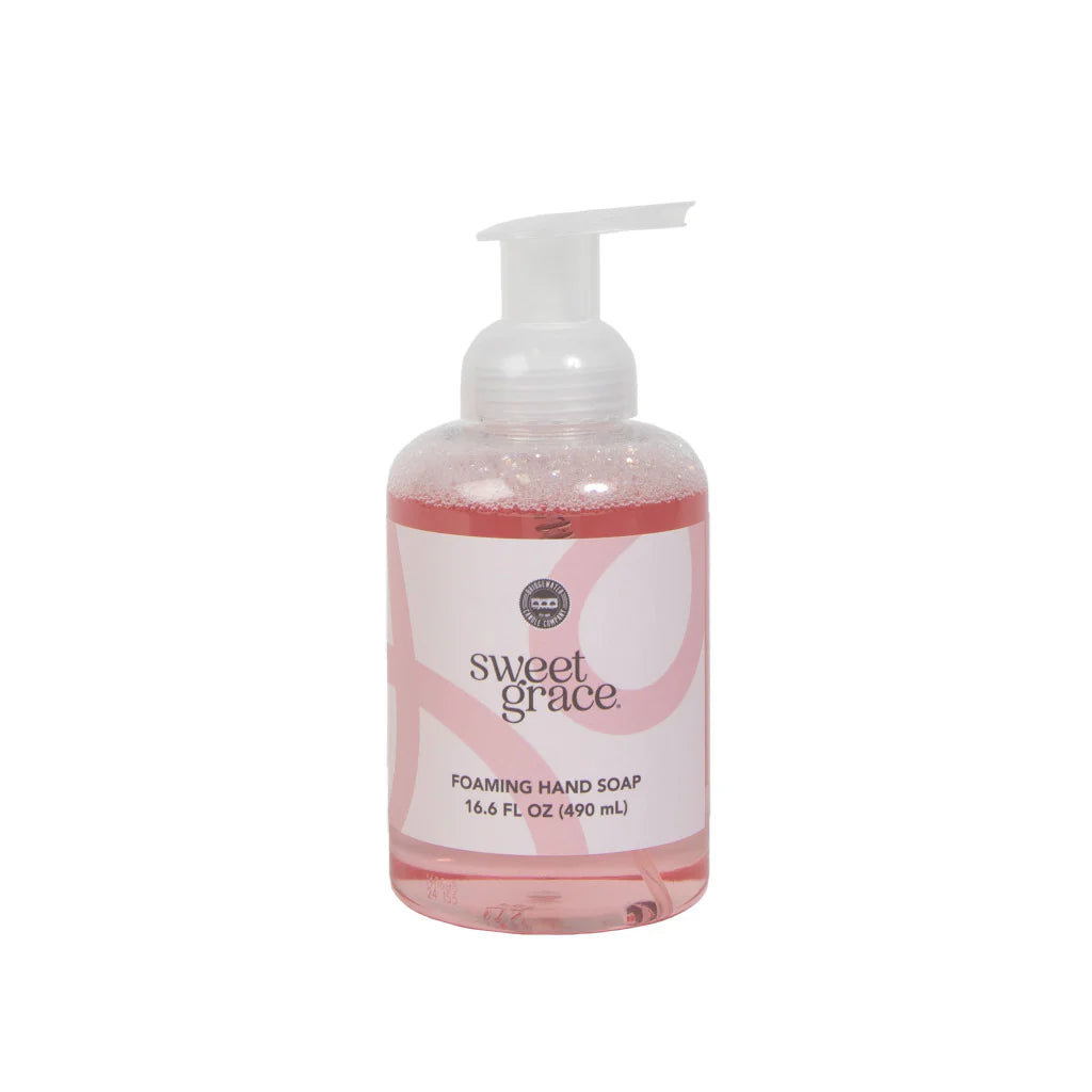 Sweet Grace foaming hand soap bottle with pump on a white background