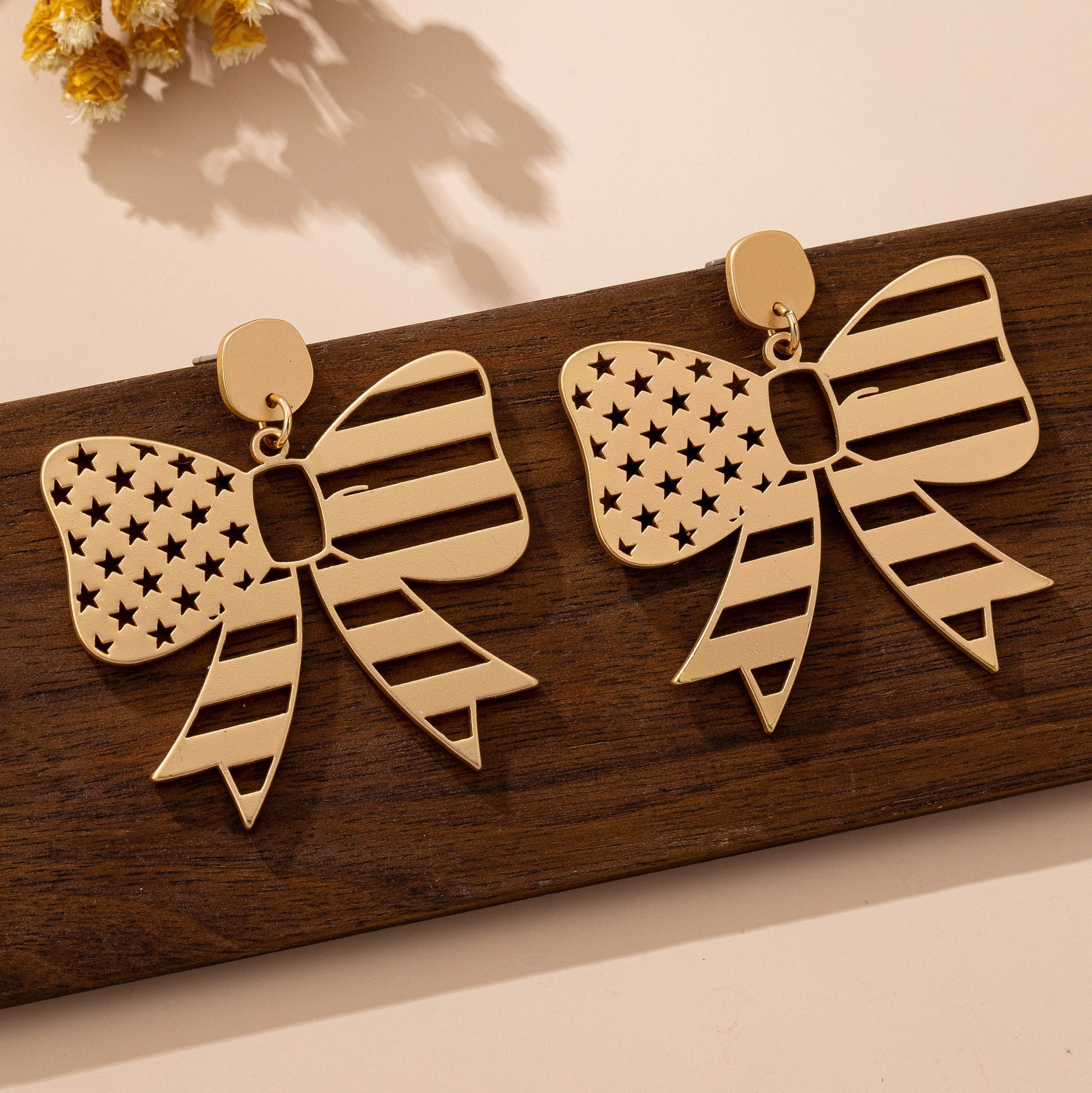 Fourth of July Star Stripe Bow Matte Gold Earrings