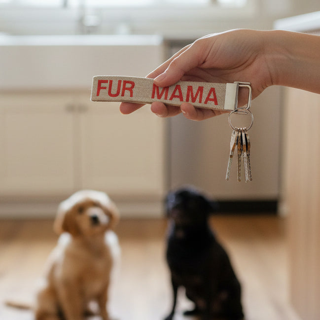 Keychain with 'FUR MAMA' text on a beige strap in a woman's hand with a kitchen and two dogs in the background 
