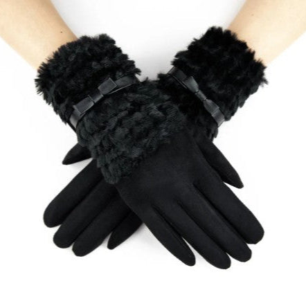 Fuzzy Faux Fur Gloves with Ribbon Detail