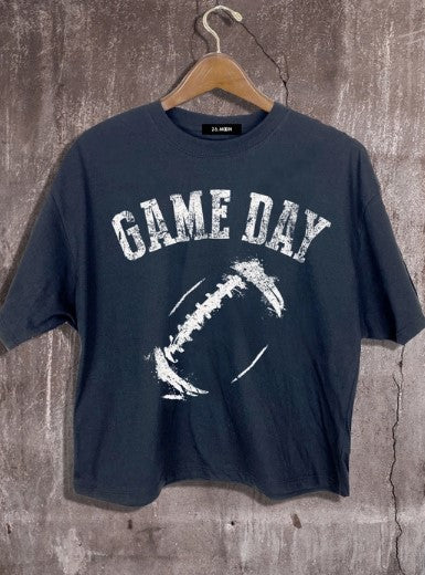 Game Day Football Cropped Graphic Tee - Black with White