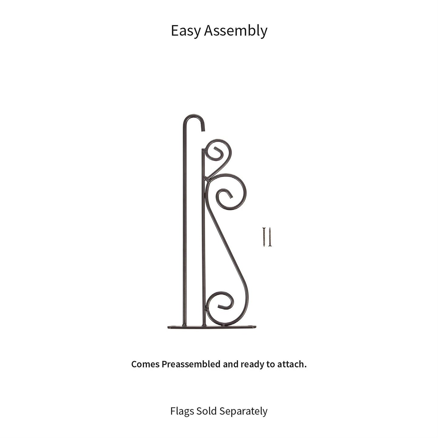 Diagram of a decorative flag hanger with text indicating easy assembly and preassembly.
