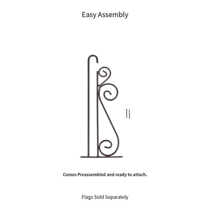 Diagram of a decorative flag hanger with text indicating easy assembly and preassembly.