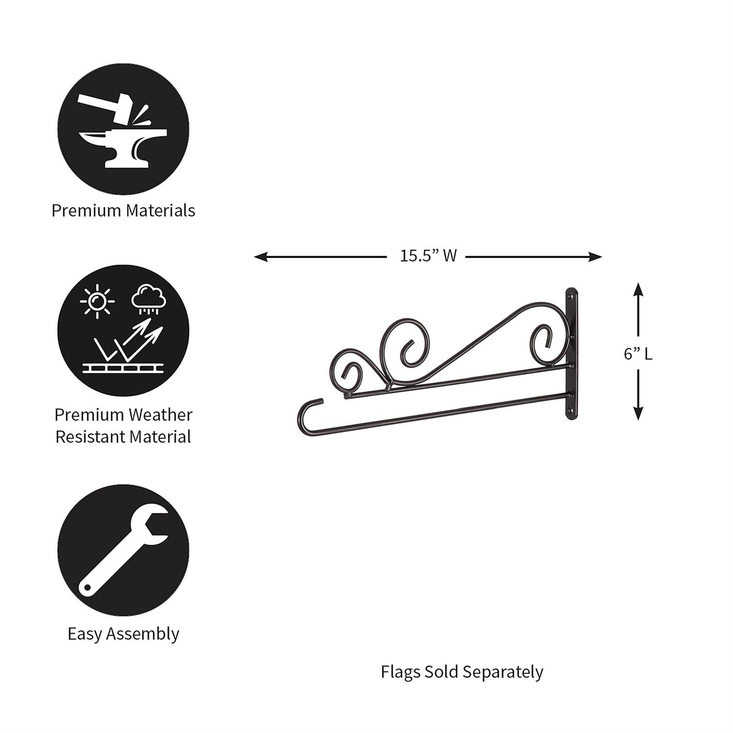 Garden flag hanger with features listed on a white background