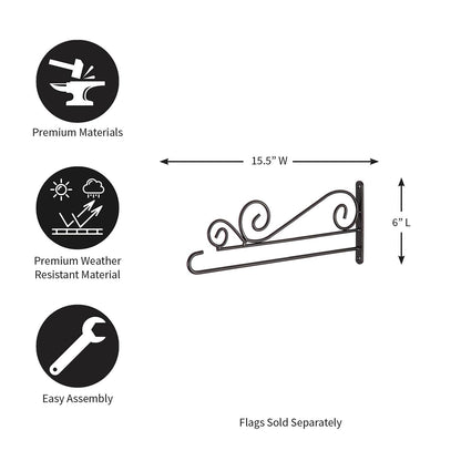 Garden flag hanger with features listed on a white background