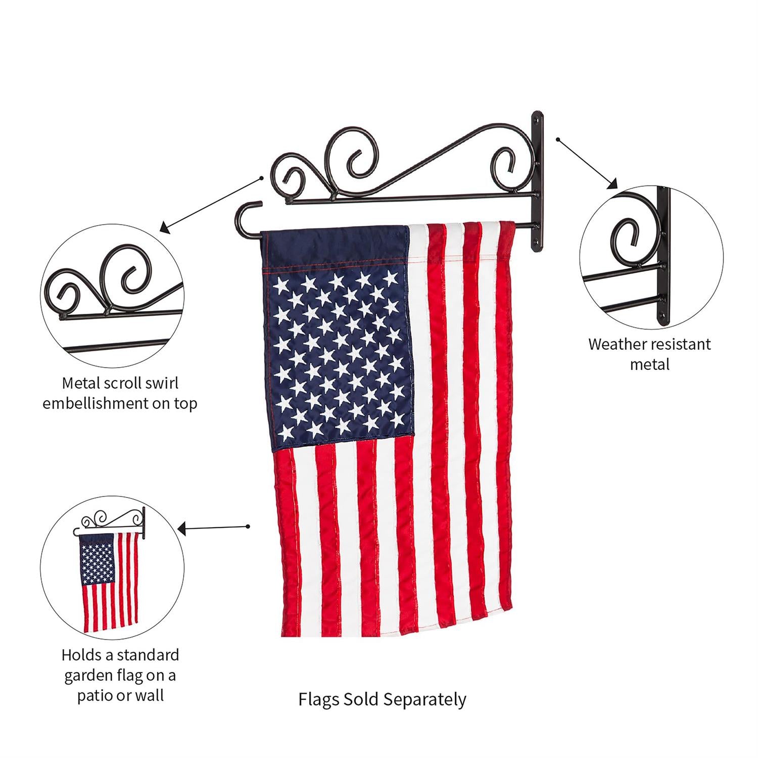 Flag holder with American flag, featuring metal scroll embellishments and weather-resistant metal.