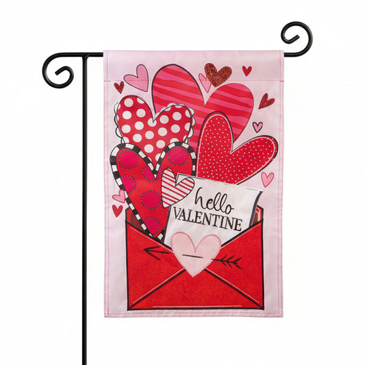 Evergreen Sending Love Valentine's Day applique garden flag with hearts and a red envelope on a white background.