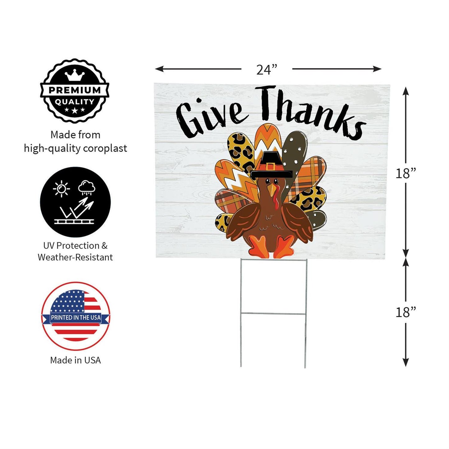 Thanksgiving-themed yard sign with turkey design and 'Give Thanks' text, featuring product details on a white background.
