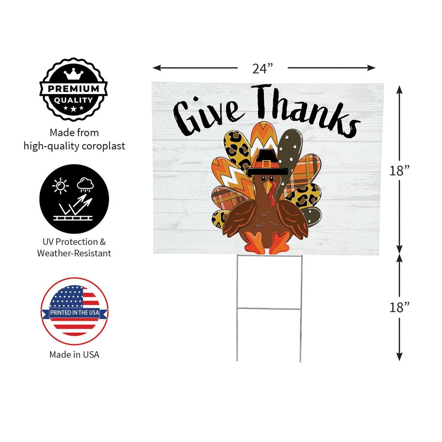 Thanksgiving-themed yard sign with turkey design and 'Give Thanks' text, featuring product details on a white background.