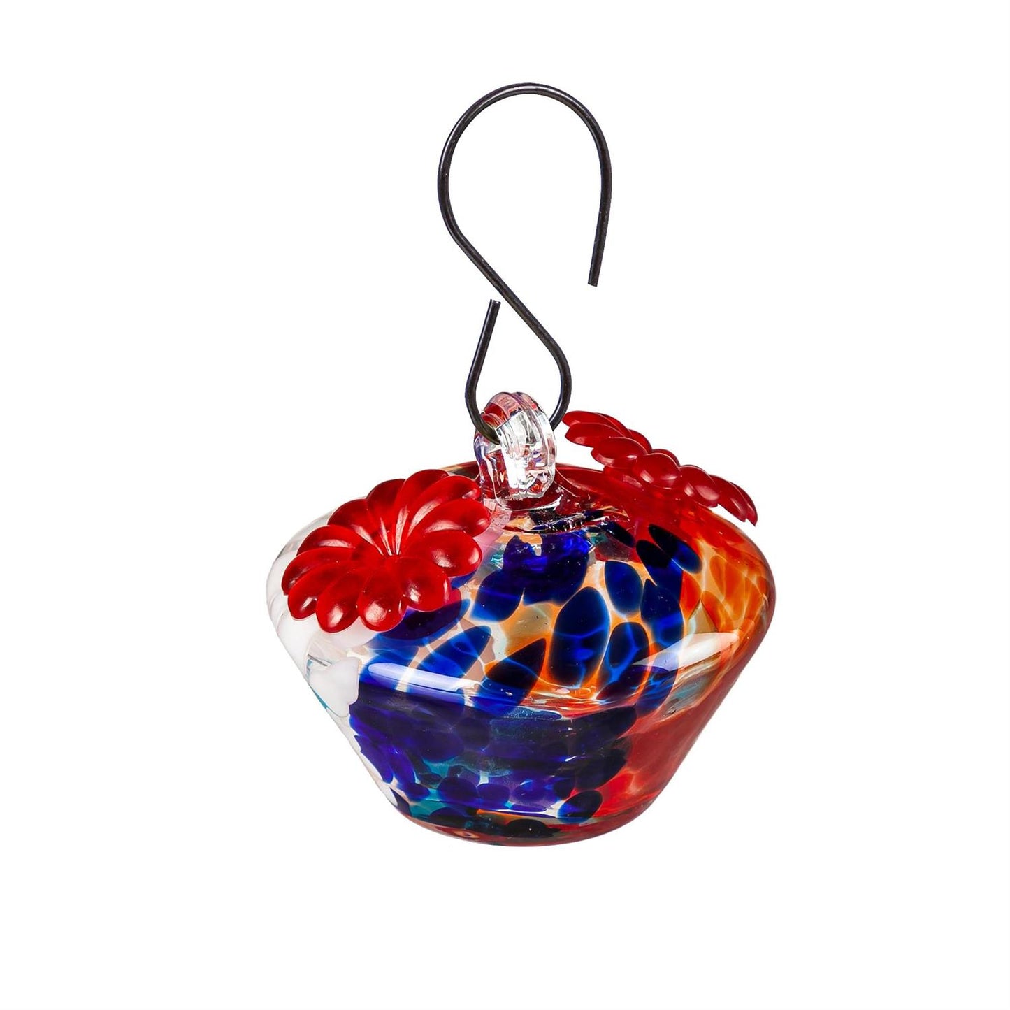 Colorful glass hummingbird feeder with a hook on a white background