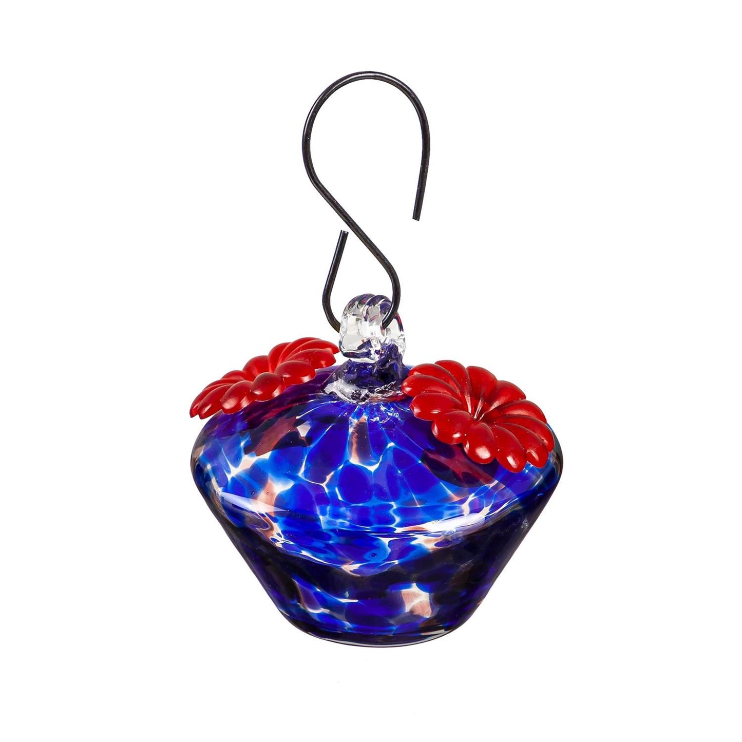 Glass hummingbird feeder with red flowers and blue base on a white background