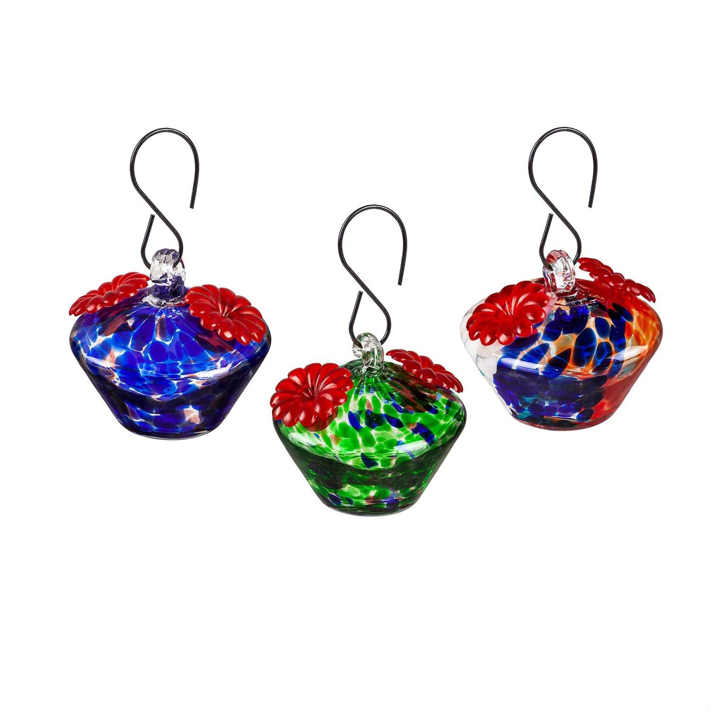 Three colorful glass hummingbird feeders on a white background