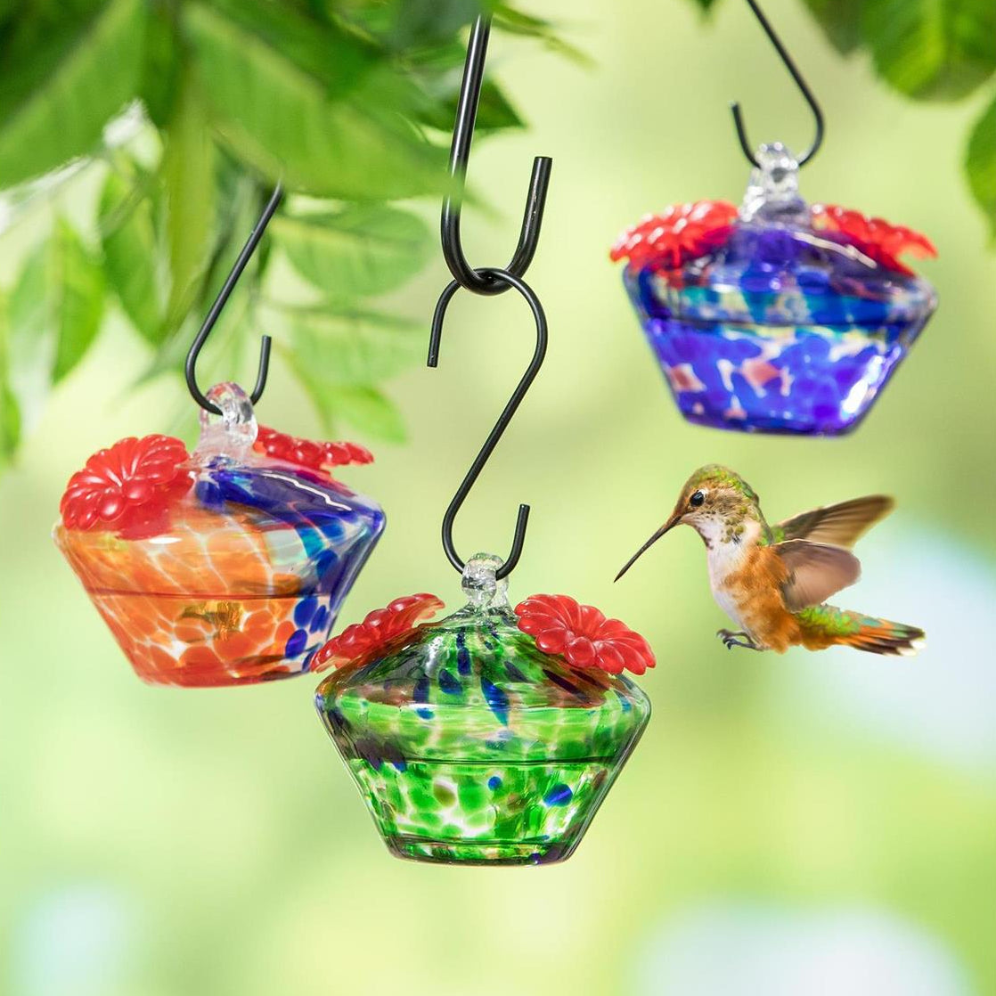 Colorful hummingbird feeders hanging from a hook with a blurred green background