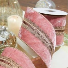 Holiday Pink Velvet Gold-Trimmed Ribbon