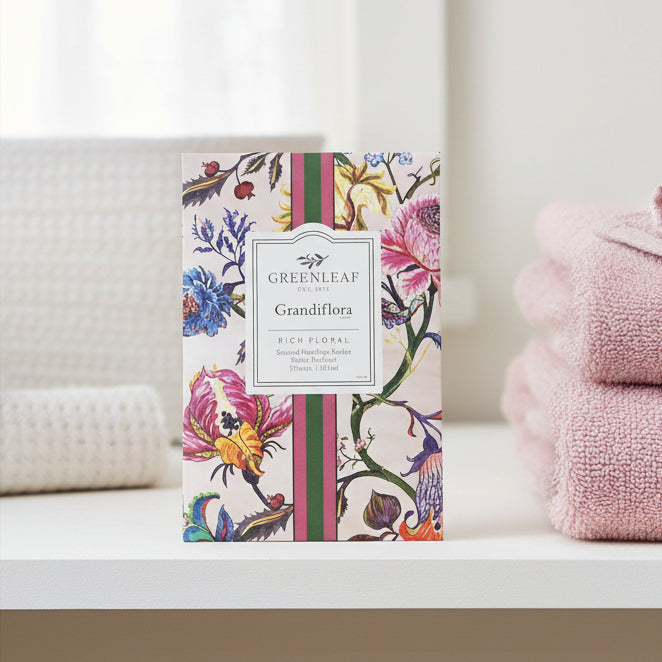 Greenleaf Grandiflora sachet on a closet shelf