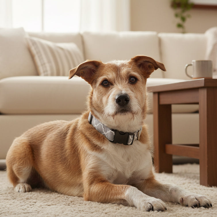 gray quartrefoil dog collar with a black buckle on a mutt