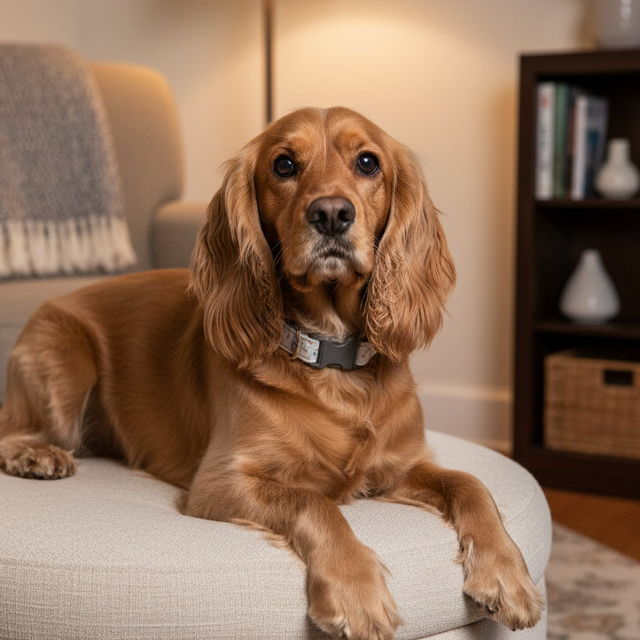 gray floral dog collar on a cocker spaniel