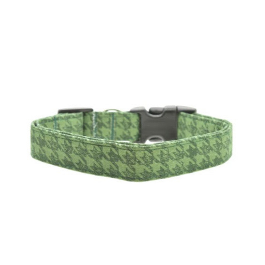 Green houndstooth dog collar with a black buckle on a white background