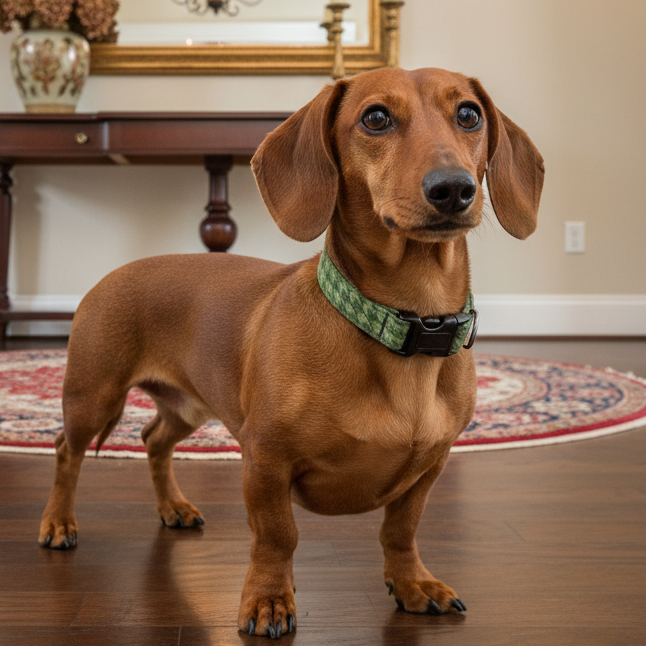 Green houndstooth dog collar with a black buckle on a miniature dachshund