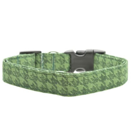Green patterned dog collar with a black buckle on a white background