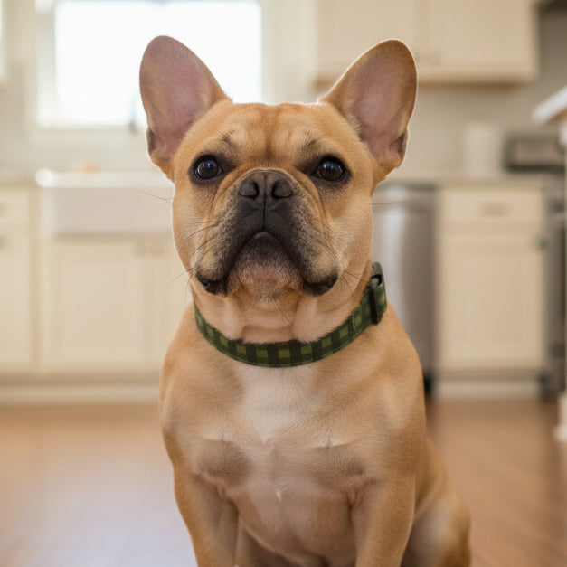 green buffalo check dog collar on a tan French bulldog sitting in a home's kitchen
