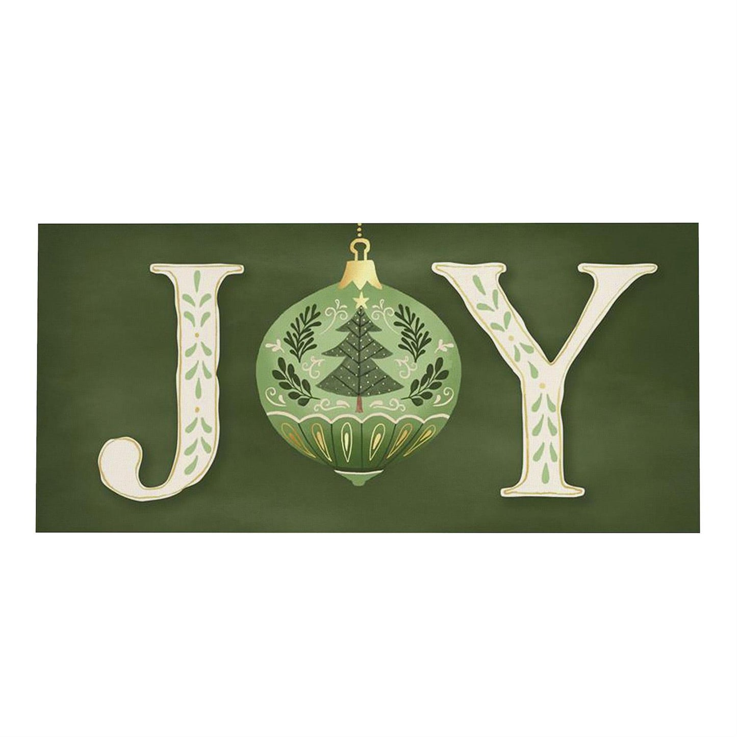 Decorative sign with 'JOY' letters featuring a Christmas ornament on a green background