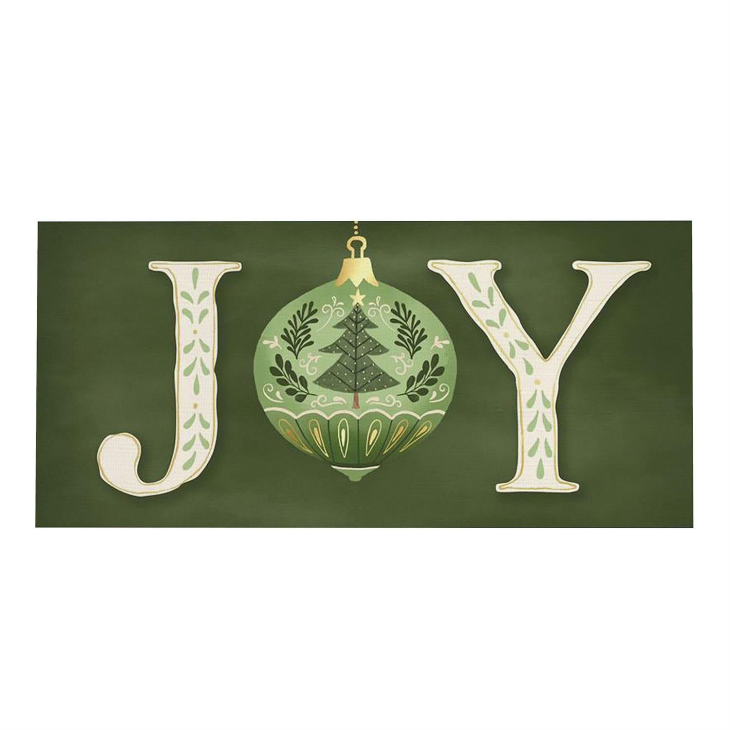 Decorative sign with 'JOY' letters featuring a Christmas ornament on a green background