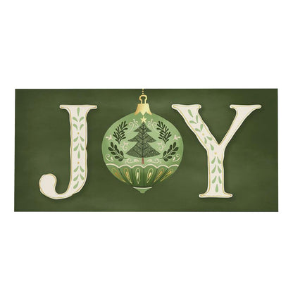 Decorative sign with 'JOY' letters featuring a Christmas ornament on a green background