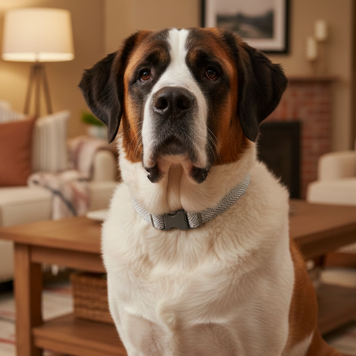 grey herringbone dog collar with a metal buckle on a Saint Bernard