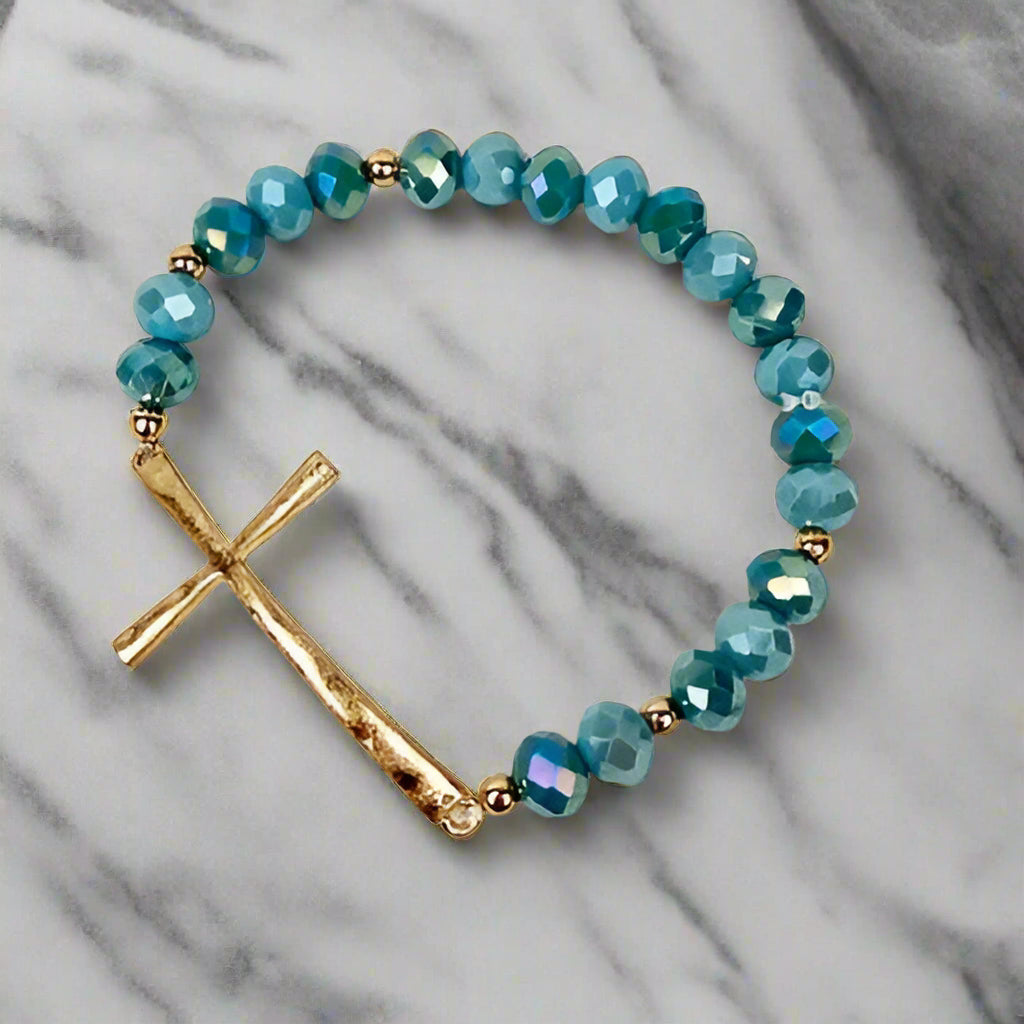 Hammered Cross Crystal Mix Beads Bracelet