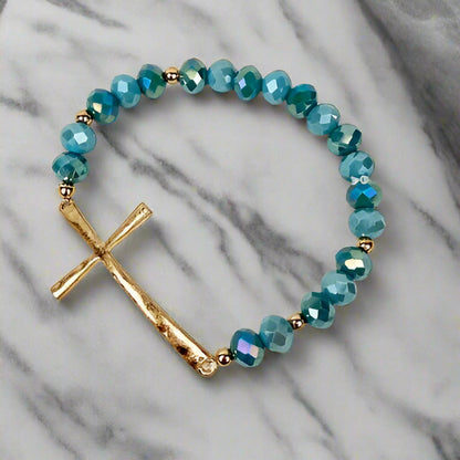 Hammered Cross Crystal Mix Beads Bracelet