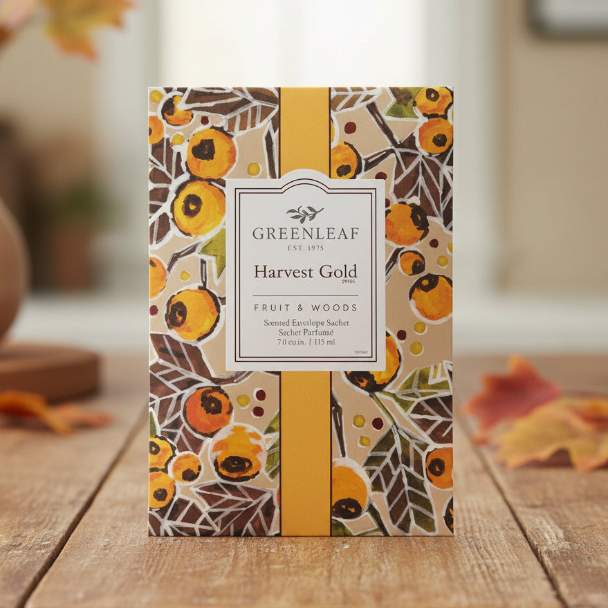 Greenleaf Harvest Gold sachet on a rustic fall table.