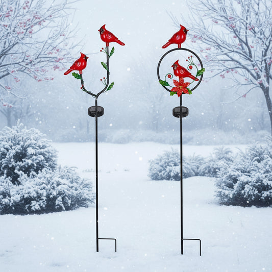 Holiday Cardinal and Poinsettia Solar Garden Stake