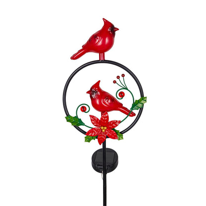 Holiday Cardinal and Poinsettia Solar Garden Stake