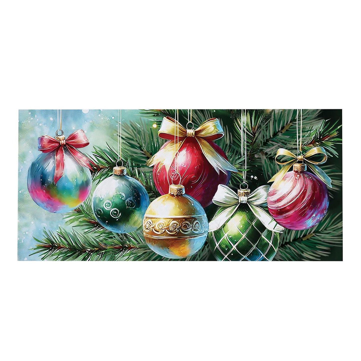 Colorful Christmas ornaments with ribbons hanging on a branch