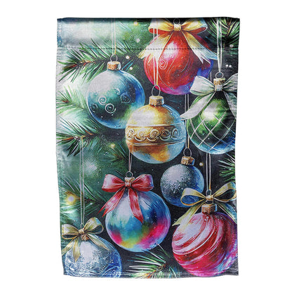 Decorative garden flag with colorful Christmas ornaments and ribbons on a green background