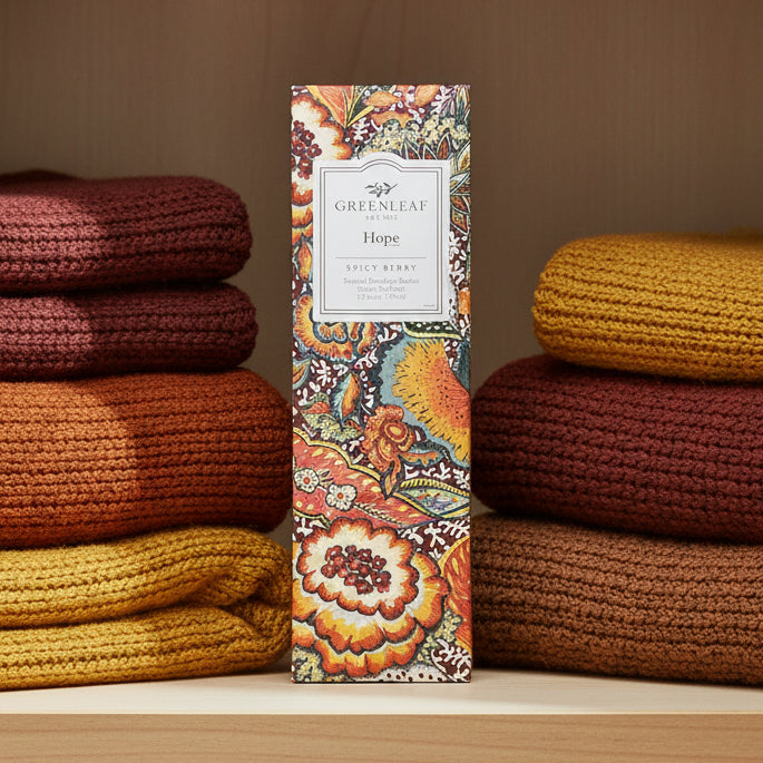 Greenleaf Hope slim sachet on a closet shelf with maroon, orange, and yellow blankets.