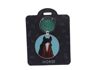 Keychain with horse design on a black card with paw prints