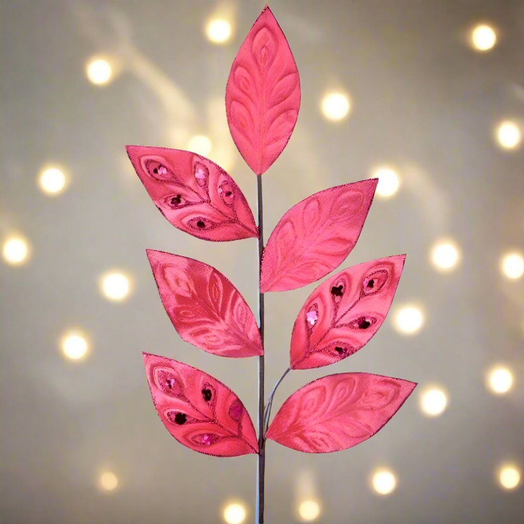 Hot Pink Velvet Leaf Spray with Jewels