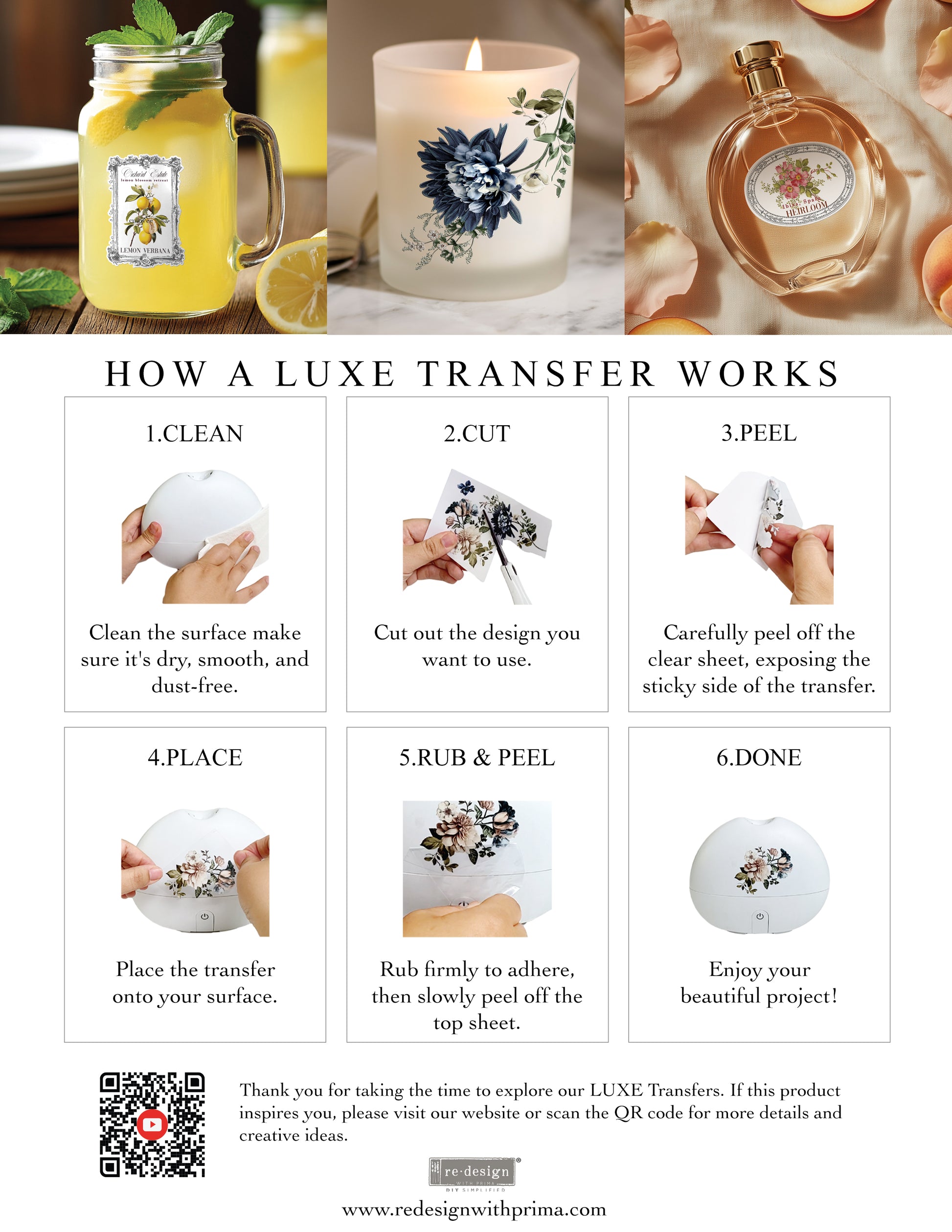 Step-by-step guide on how a luxe transfer works with images of a drink, candle, and perfume bottle.