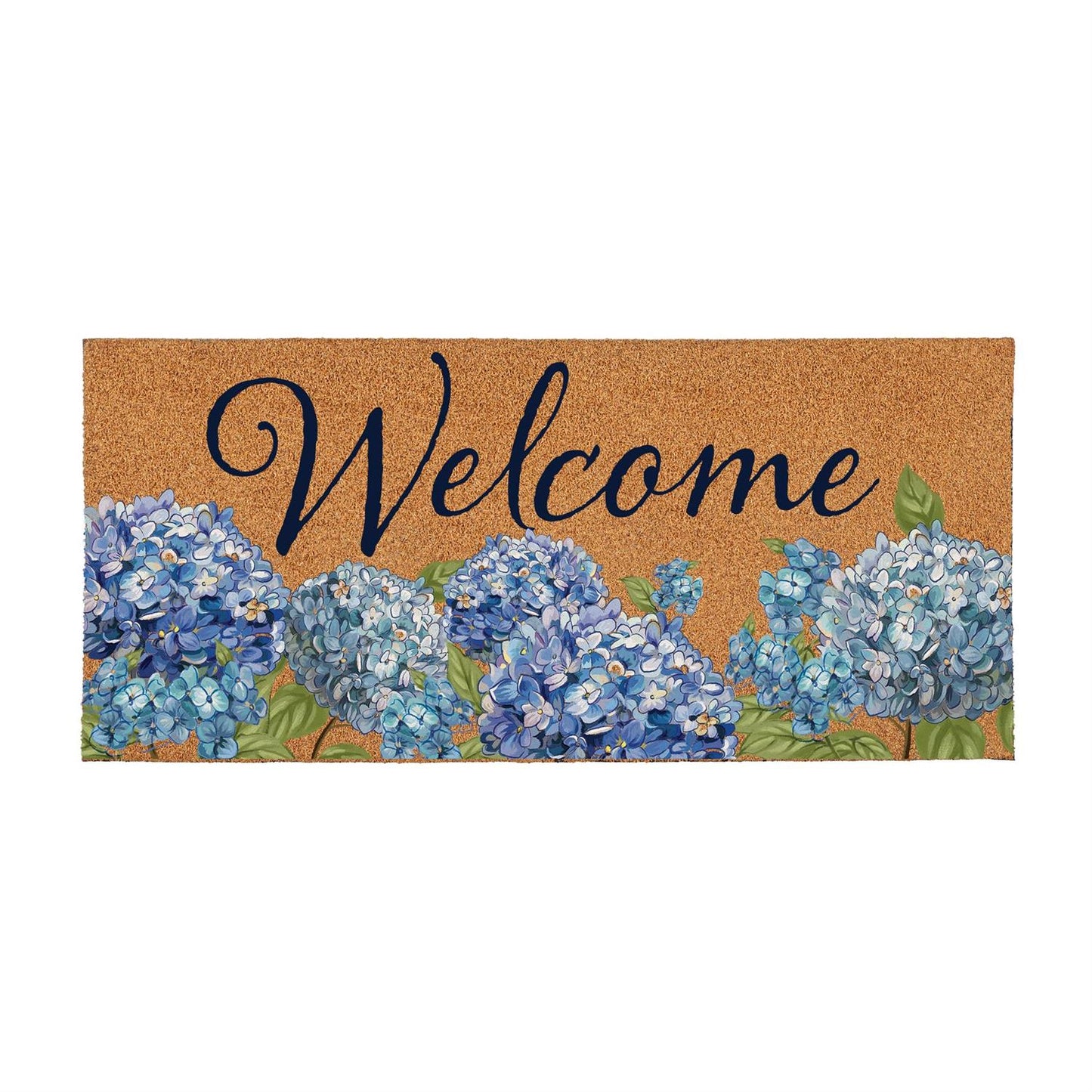 Hydrangea Haven Coir Switch Doormat with blue flowers and 'Welcome' text on a white background.