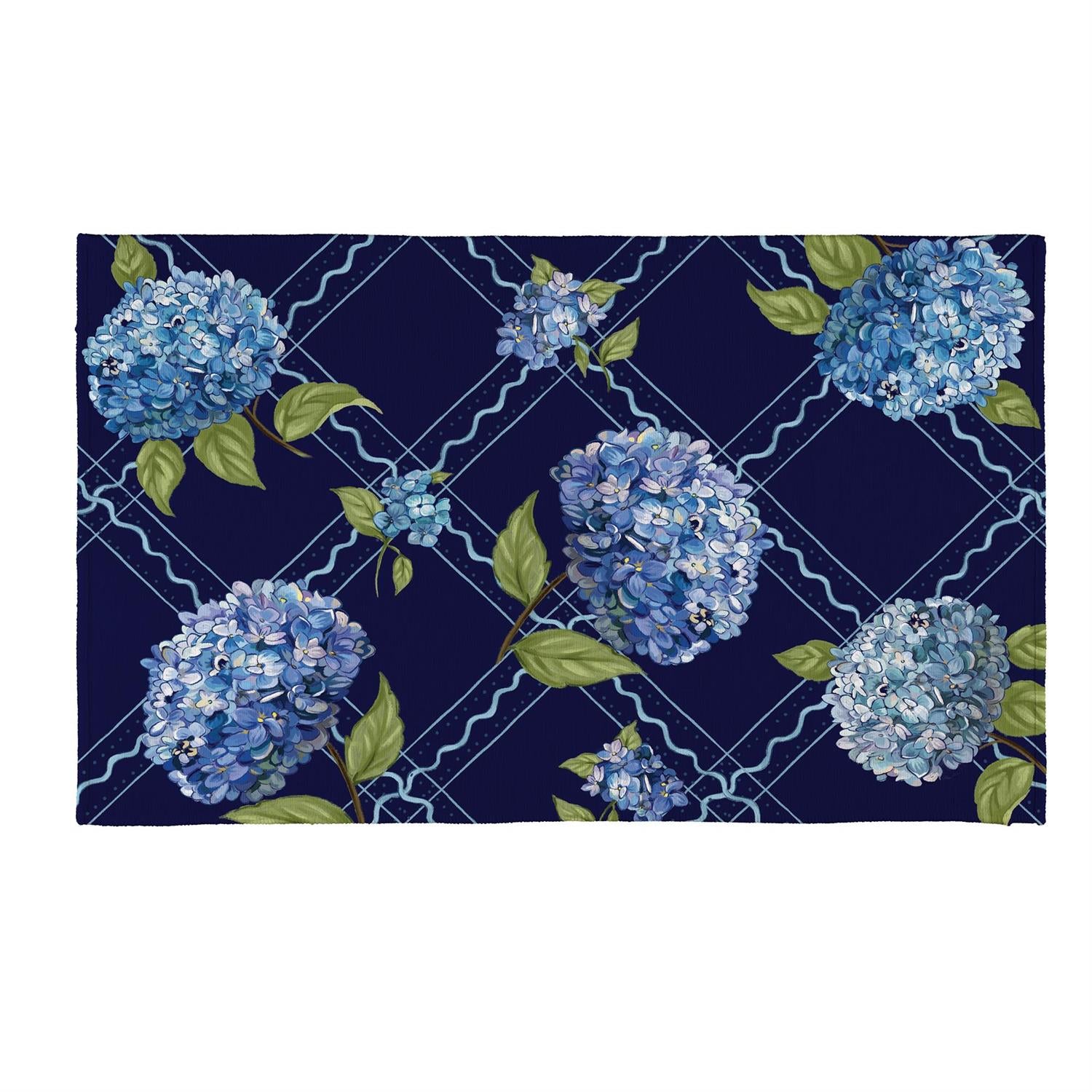 Hydrangea Haven door mat with blue hydrangea design on navy background.