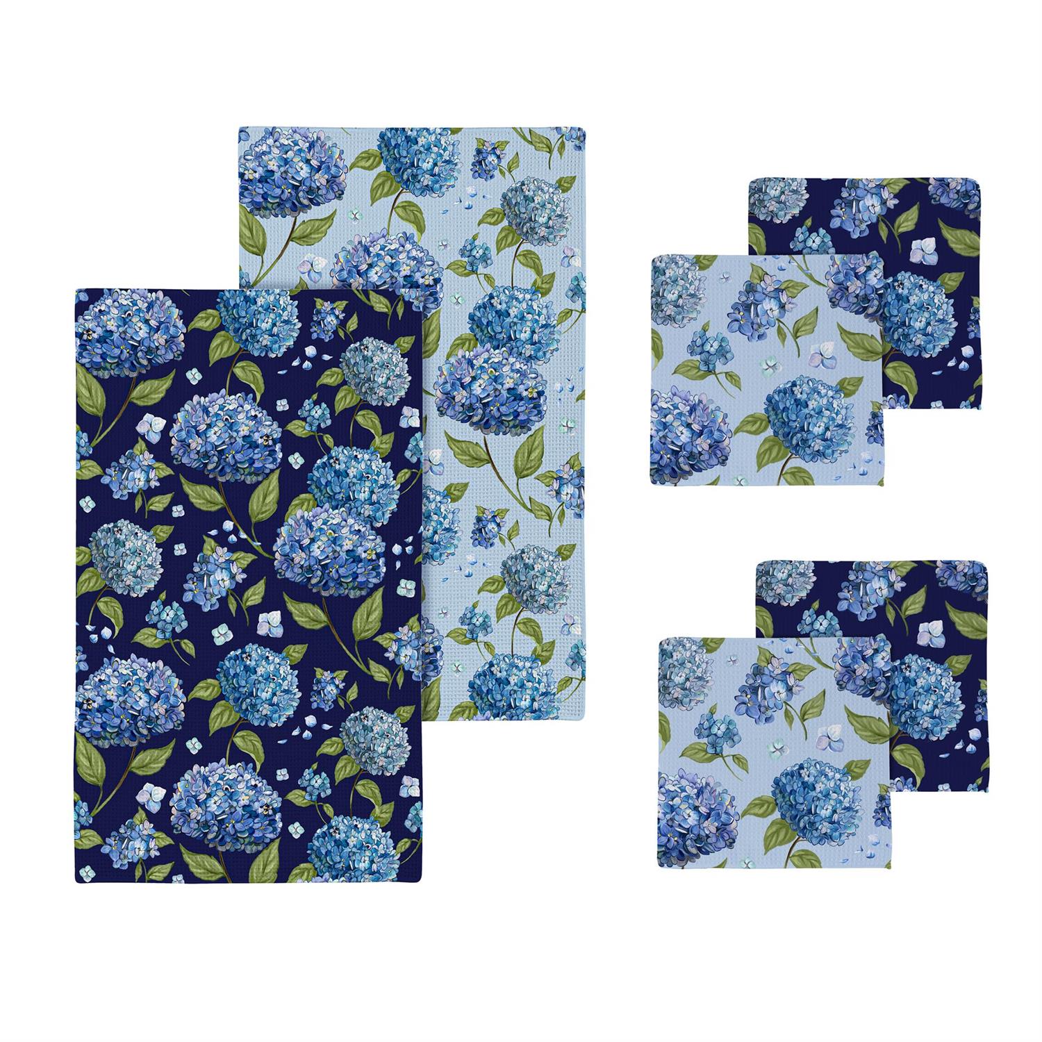 Hydrangea Haven kitchen towel set with blue hydrangea-patterned towels on a white background.