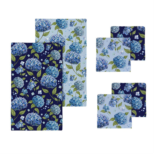 Hydrangea Haven kitchen towel set with blue hydrangea-patterned towels on a white background.